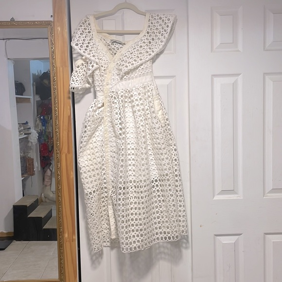 self-portrait Lace Frill Asymmetric Cold shoulder Midi Dress uk size 6 $995 - Picture 7 of 11